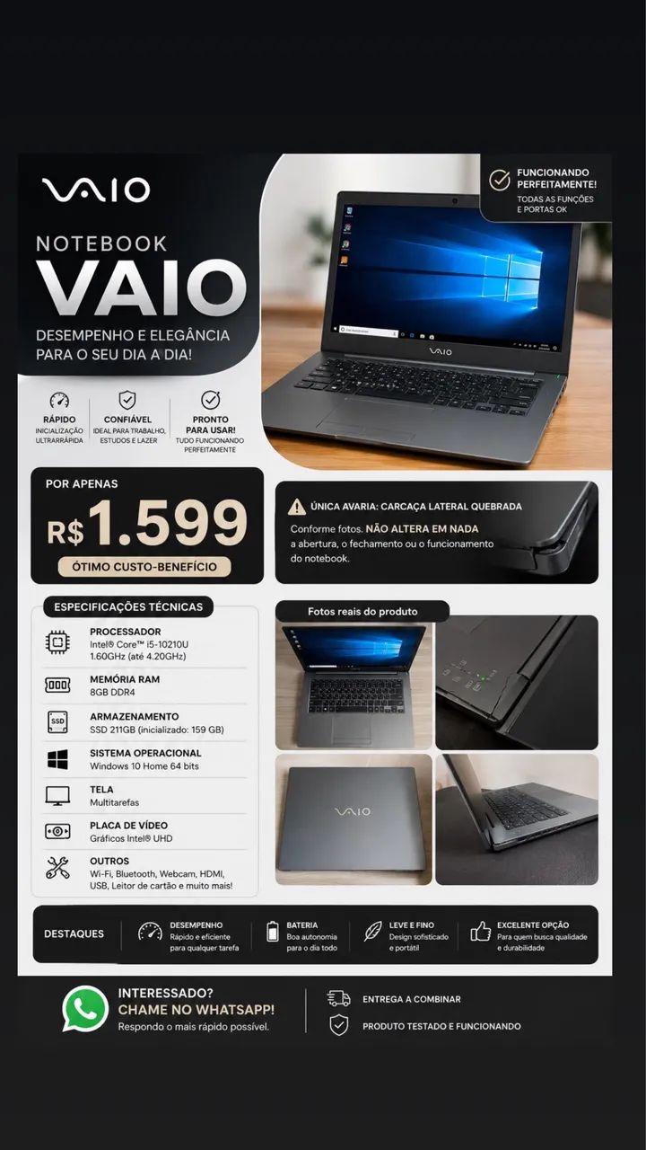 Notebook VAIO i5, 8GB RAM, SSD - Ótimo Preço - Foto 3