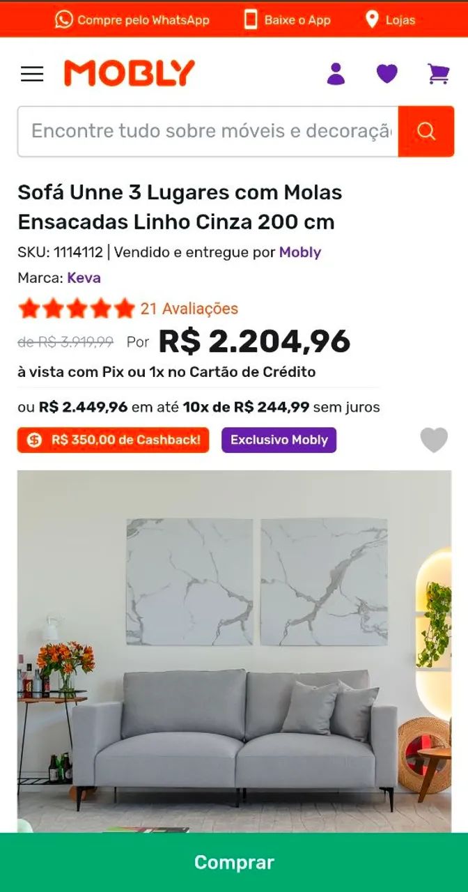 Sofá Unne 3 Lugares com Molas Ensacadas Linho Cinza 2m - Foto 5