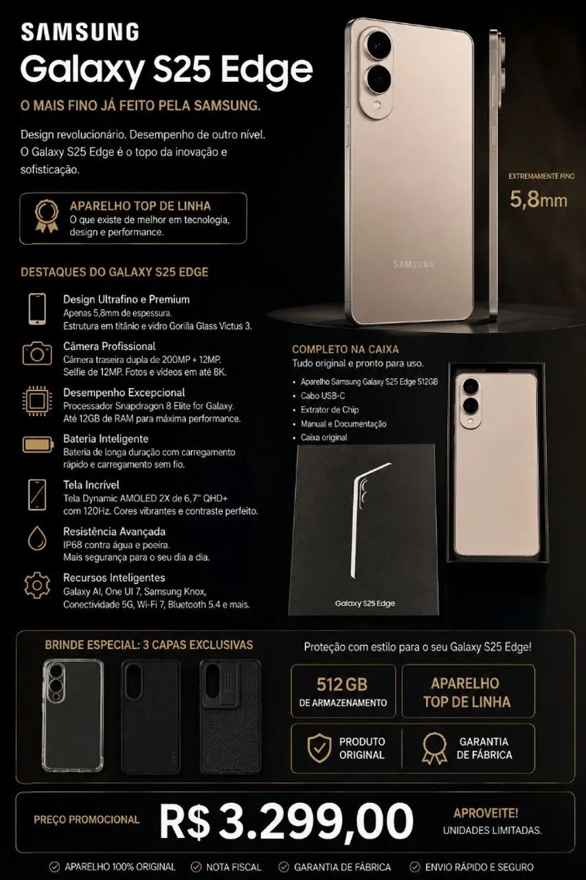 SAMSUNG GALAXY S25 EDGE 512GB ? TOP DE LINHA!