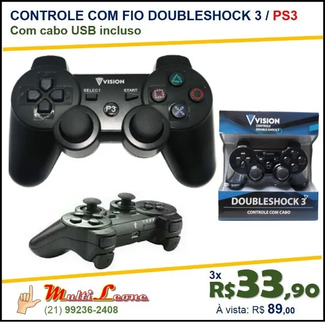 Controle Joystick DoubleShock 3 USB Ps3 Playstation pc cabo Vision