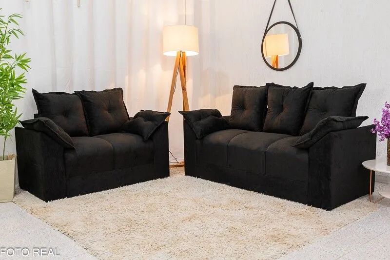 Conjunto Sofá 2 e 3 Lugares Veludinho Preto