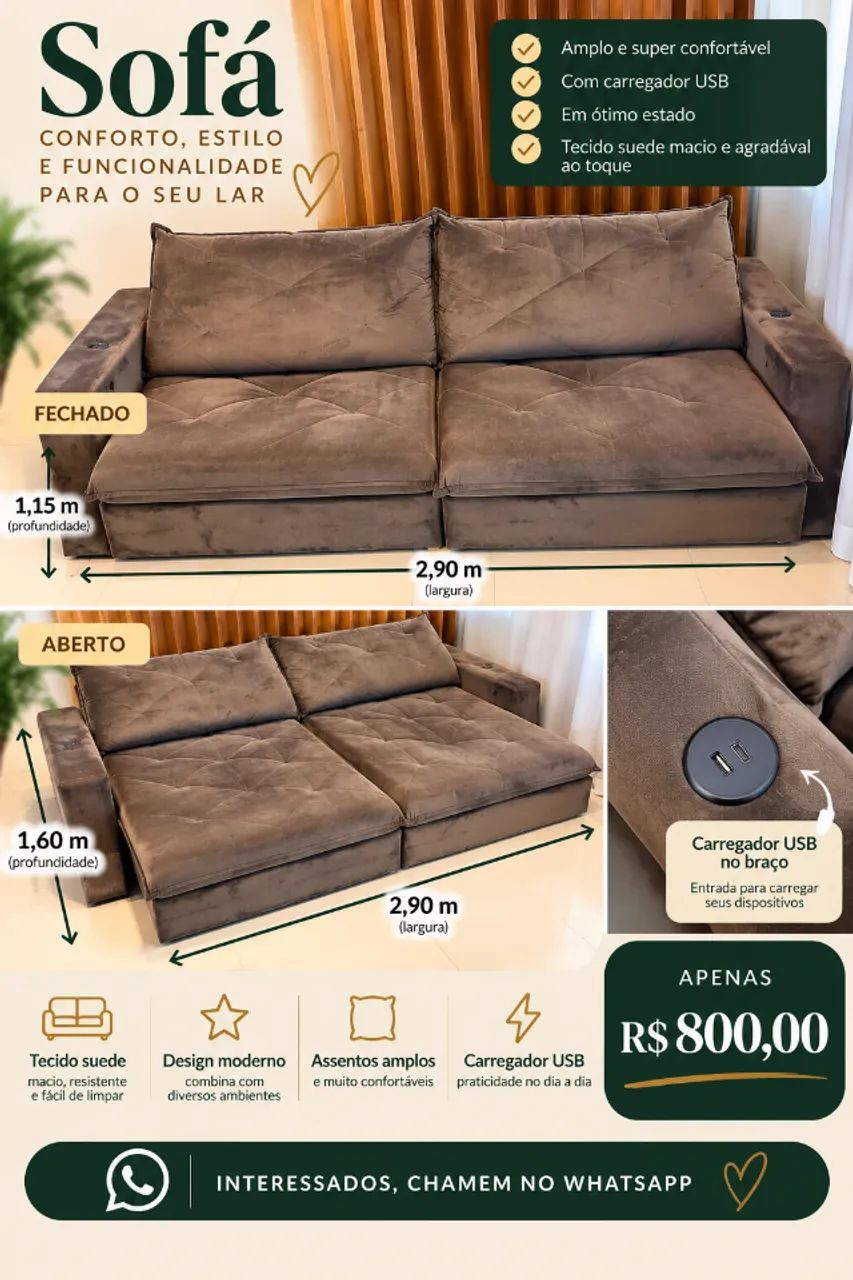 (PARA VENDER RÁPIDO)Sofá Retrátil 2,90m em Suede com USB