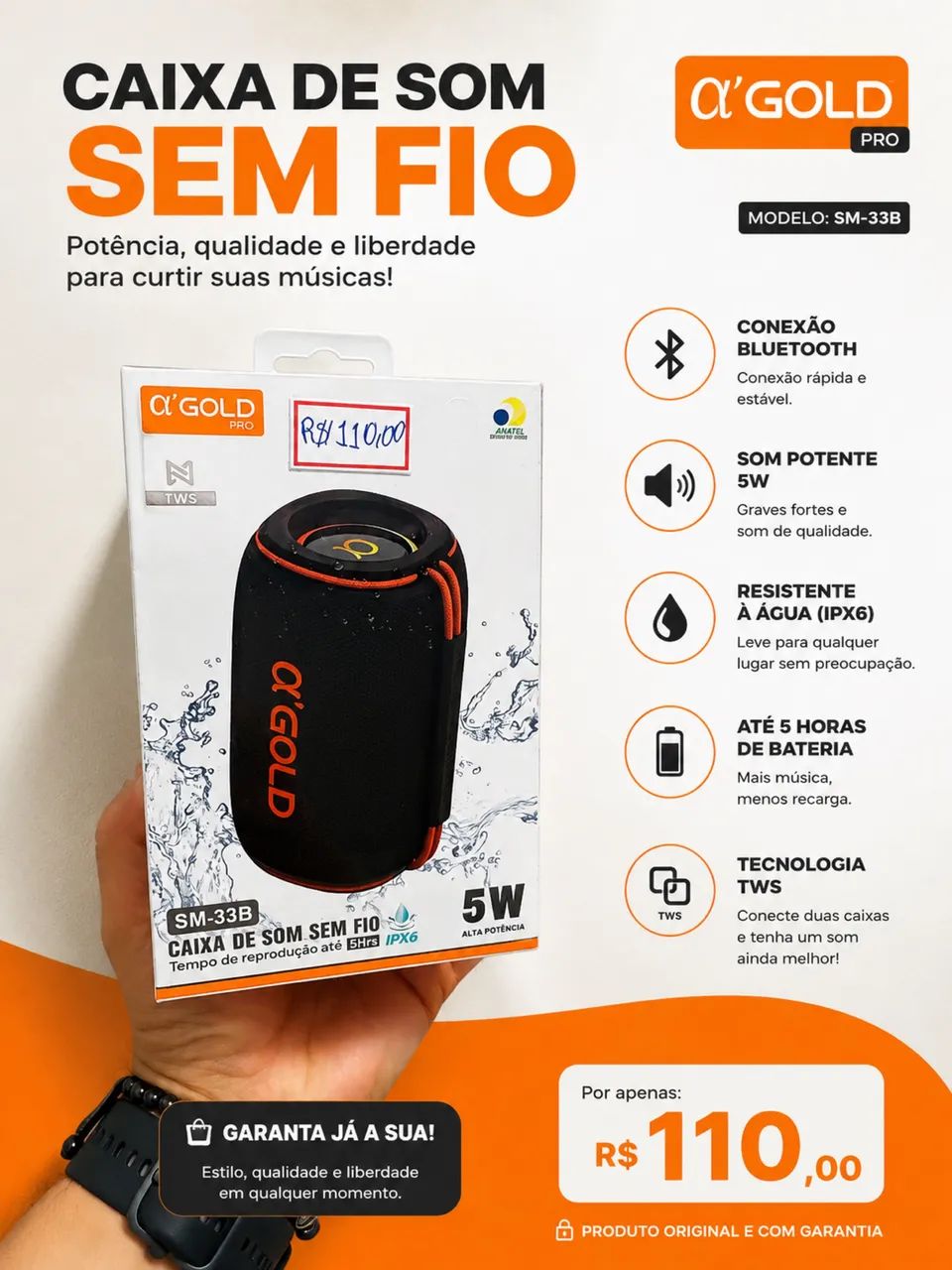 Caixa de Som 5wB. Sem Fio GOLD 