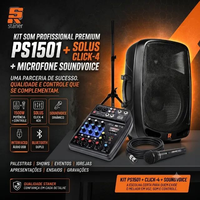 KIT CAIXA DE SOM STANER + MICROFONE+ MESA 4 CANAIS