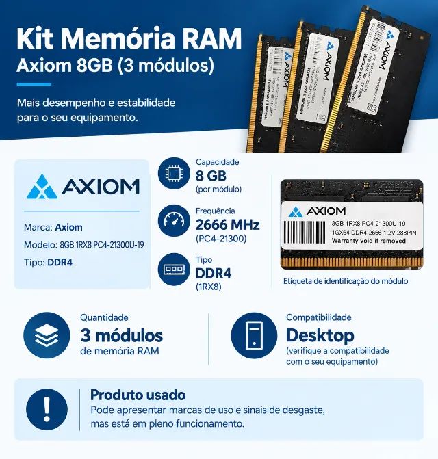 3 Módulos de Memória Ram Axiom 8 GB 