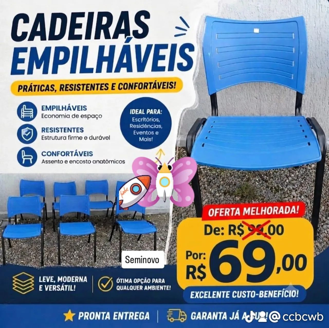 Cadeiras de Plástico Pretas - R$ 99