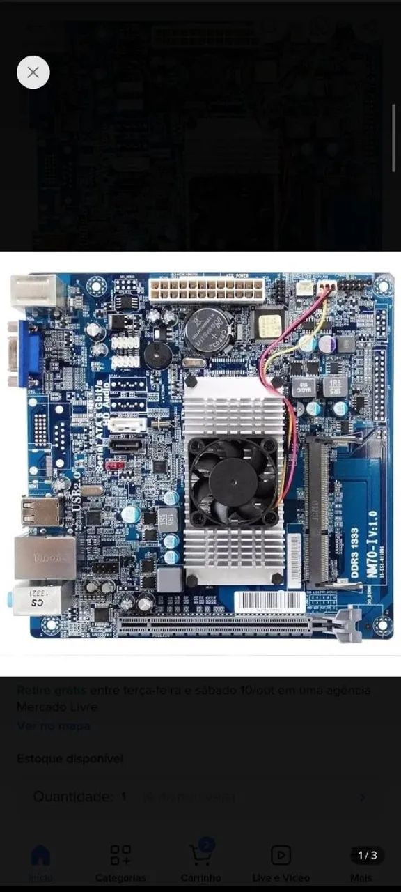 Placa ECS NM70-I com Intel Celeron com placa de vídeo integrada e 2gb ram