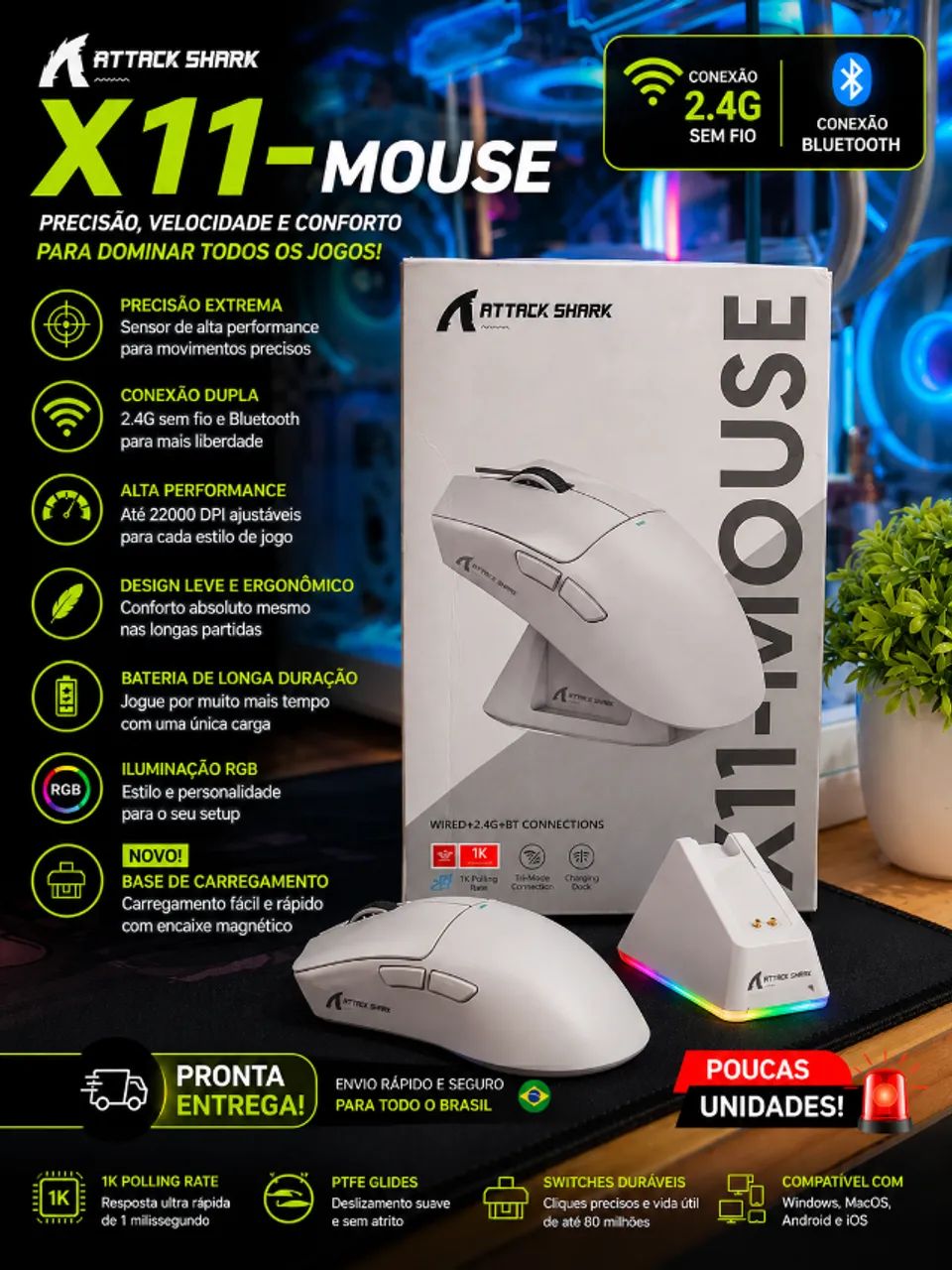 MOUSE ATTACK SHARK NOVO (PRETO)