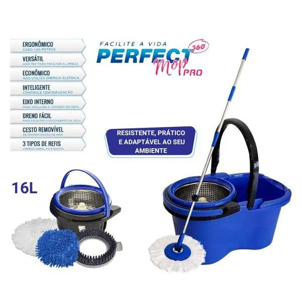 Conjunto De Mop Giratório 360° Perfect Mop Pró, cesto inox, balde 16L, OFERTA ESPECIAL,
