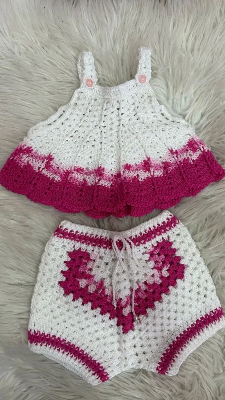 Conjunto de Crochê para Bebê - Rosa e Branco