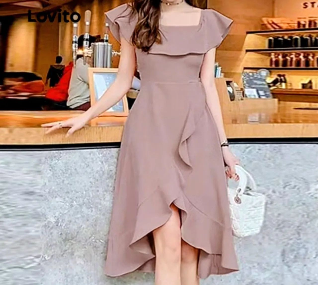 Vestido elegante com babados cor Rose.