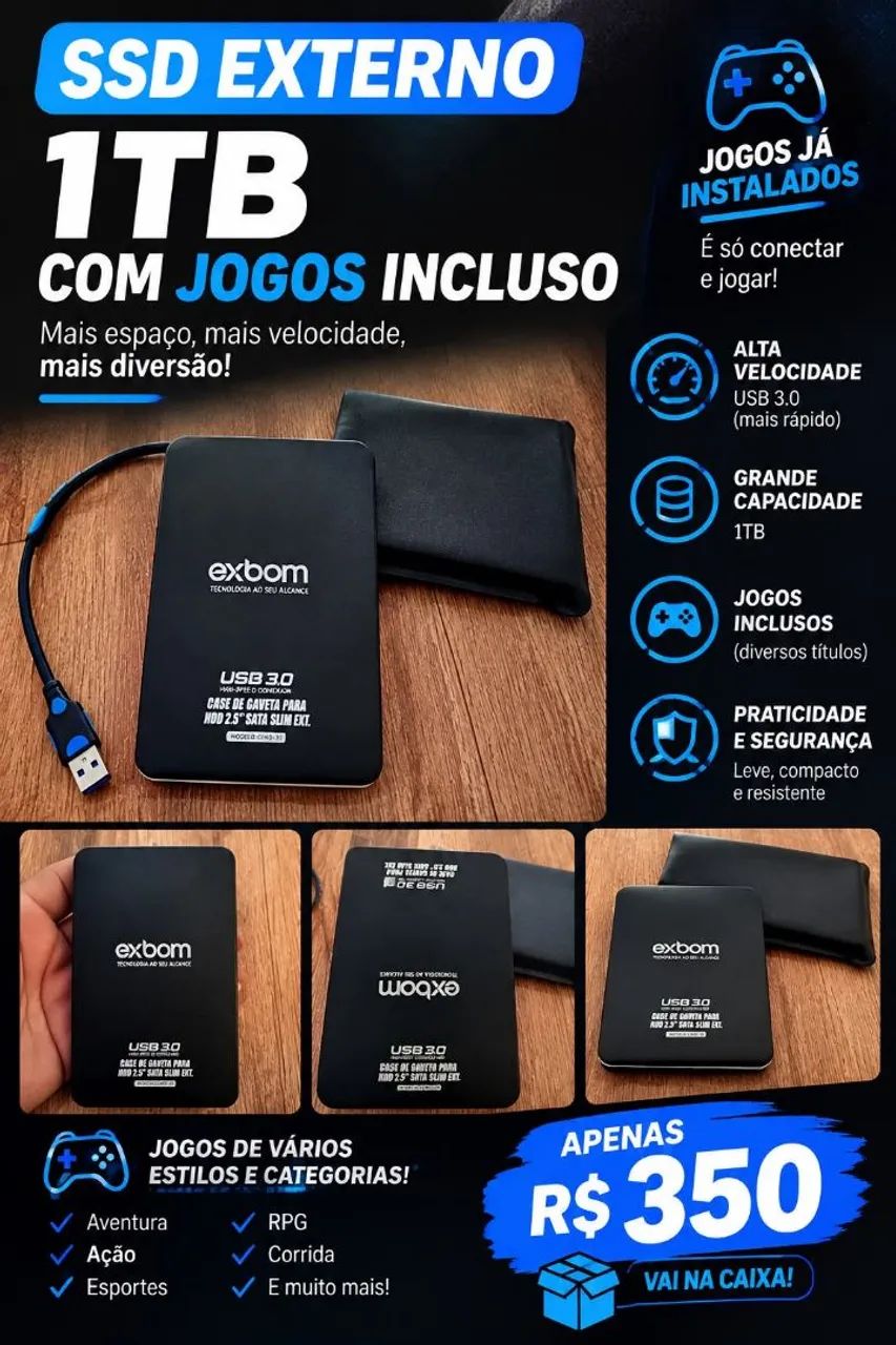 SSD EXTERNO 1TB COM JOGOS INCLUSOS + CABO USB 3.0 POR R$ 350