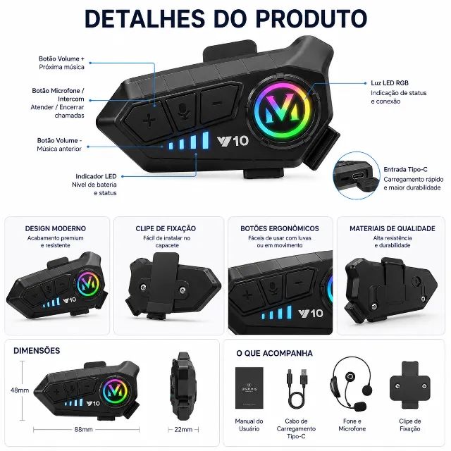 Fone de Ouvido Bluetooth para Capacete RGB com Microfone Headset Intercom V10 - Foto 4