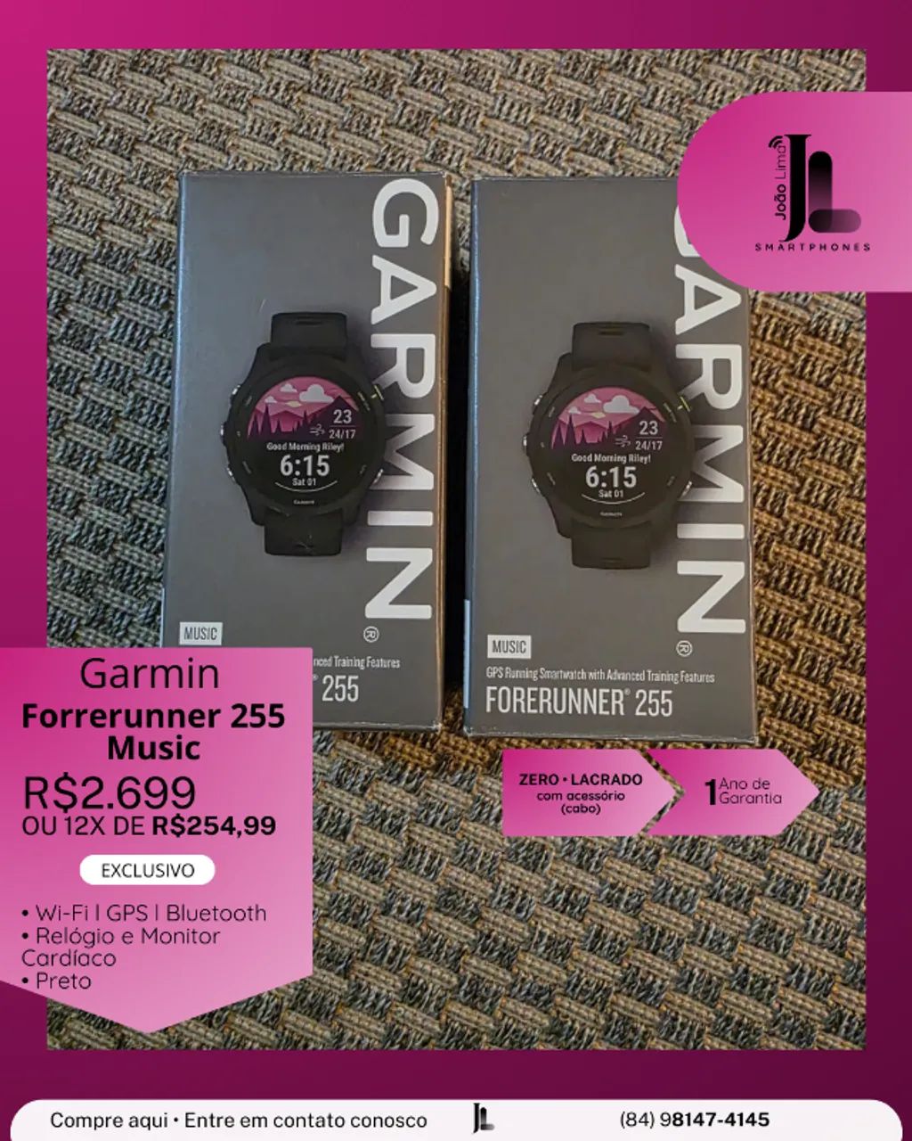 RELÓGIO GARMIN FORERUNNER 255 MUSIC, PRETO, LACRADO, EXCLUSIVO!