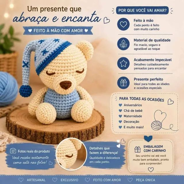 Amigurumi Ursinho Artesanal - Feito à Mão - Foto 3