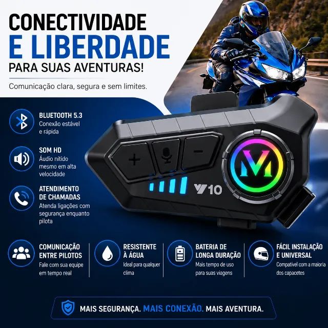 Fone de Ouvido Bluetooth para Capacete RGB com Microfone Headset Intercom V10 - Foto 2
