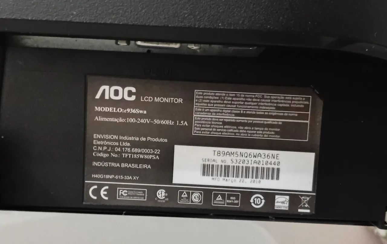 Monitor AOC 18.5" (Modelo e936Swa) - Para Peças / Desmonte - Foto 3