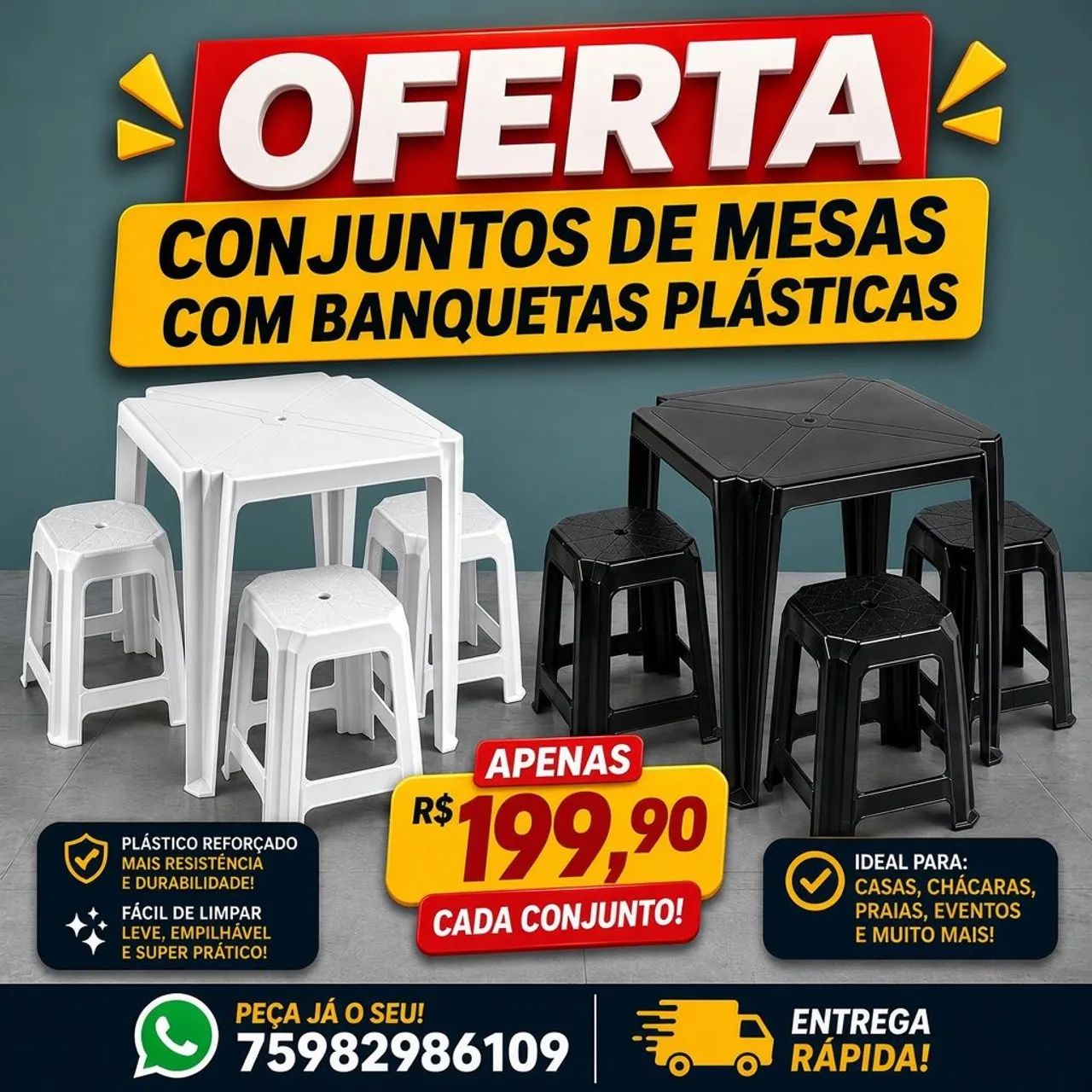 Conjuntos de mesas e banquetas plásticas - Oferta 