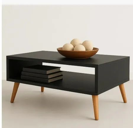 Mesa de Centro Retangular MDF preto nicho porta revista USADA