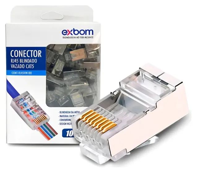 Conector Blindado Rj45 Macho Cat5 De Rede Vazado 100un exbom