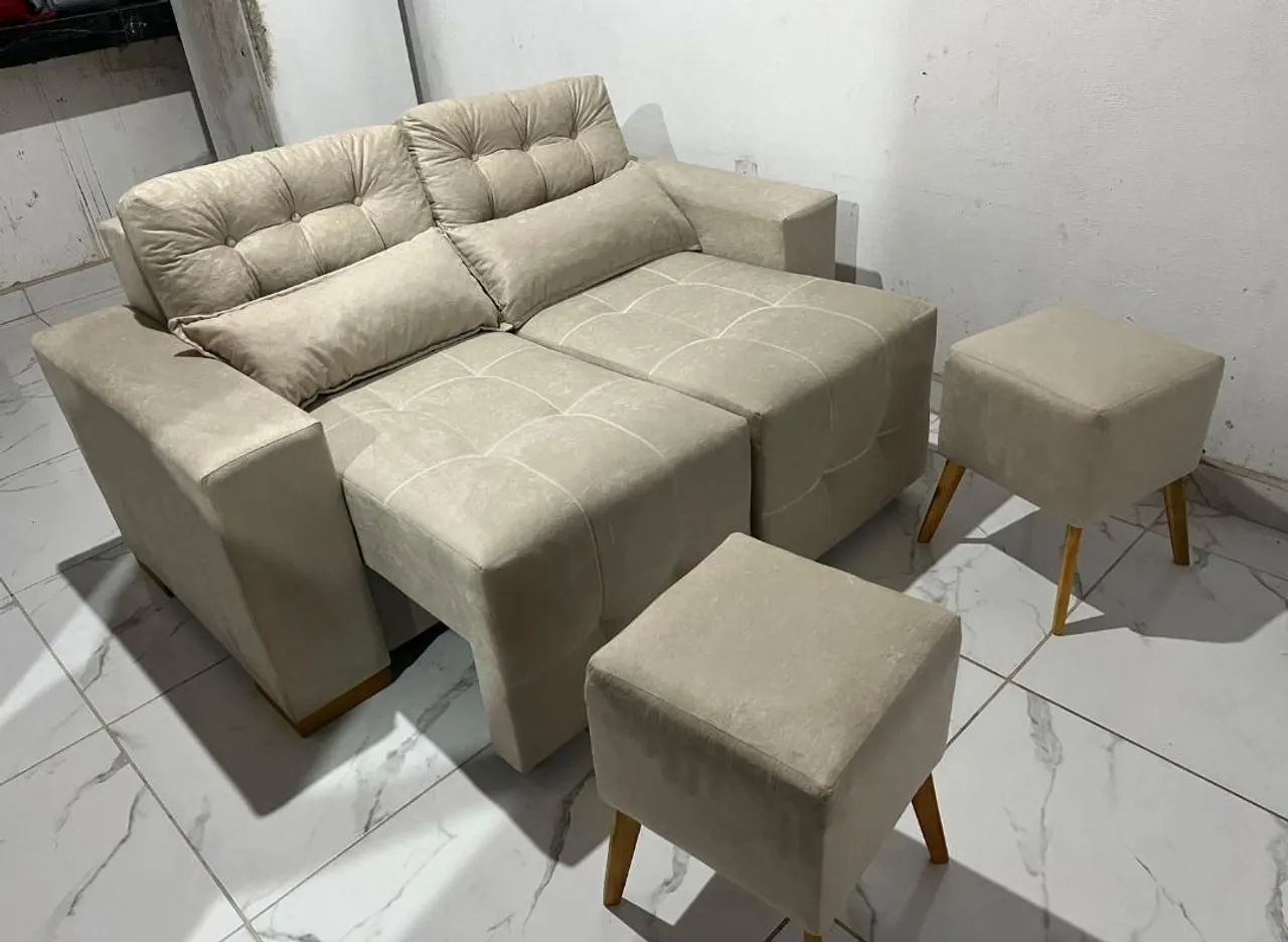 Sofá retrátil com 2 pufes retrô 2 almofadinhas!