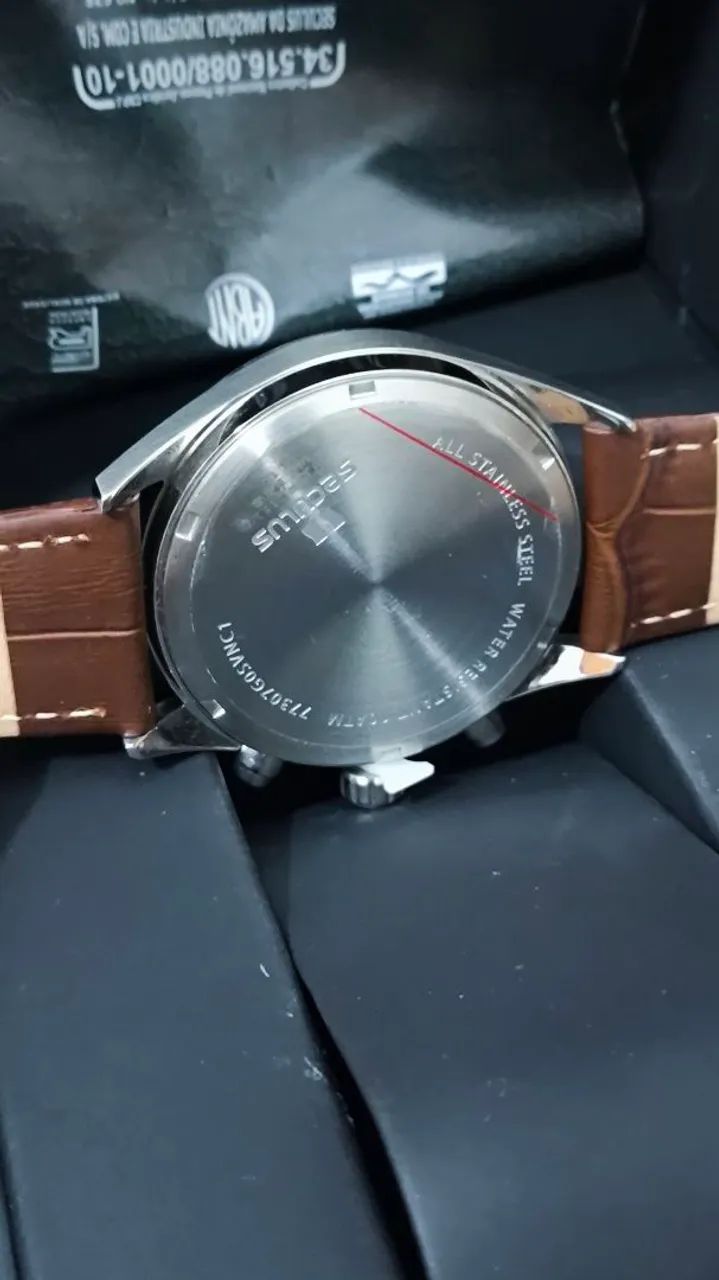 Relógio Séculus Cronógrafo Prateado Pulseira de Couro Legítimo  - Foto 3