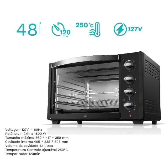 Forno Elétrico Novo Bel 48 Litros Com Espeto Giratório 120v 1600w potencia Novo + Garantia