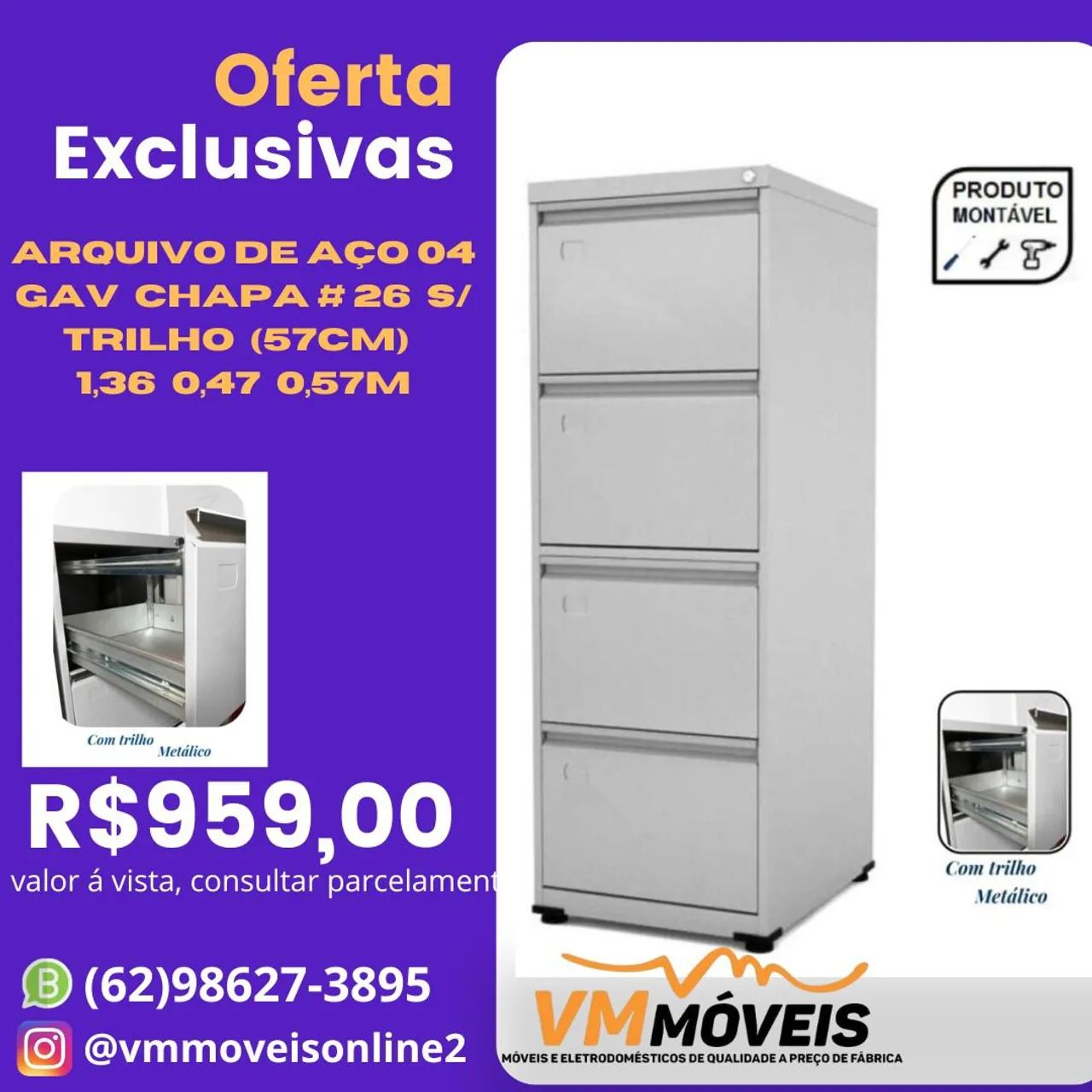 Arquivo de Aço 4 Gavetas 0,57m - Novo!
