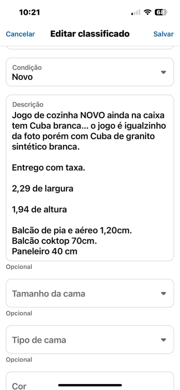 Jogo de Cozinha Novo com Cuba Branca