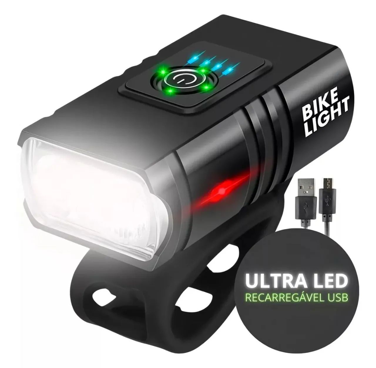 Farol de Bicicleta 2 LEDs, Recarregável com 6 modos e Indicador de Carga