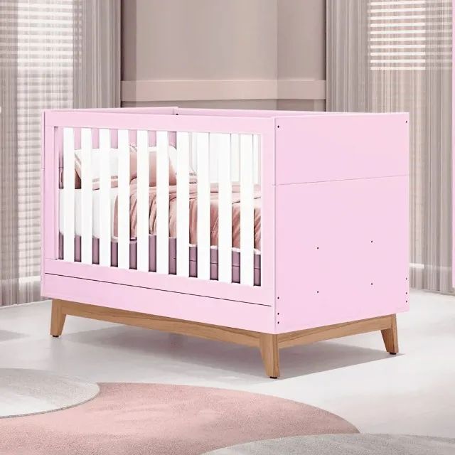 Berço Lucca Feminino 2 Em 1 100% MDF Rosa - Entrega Rápida 