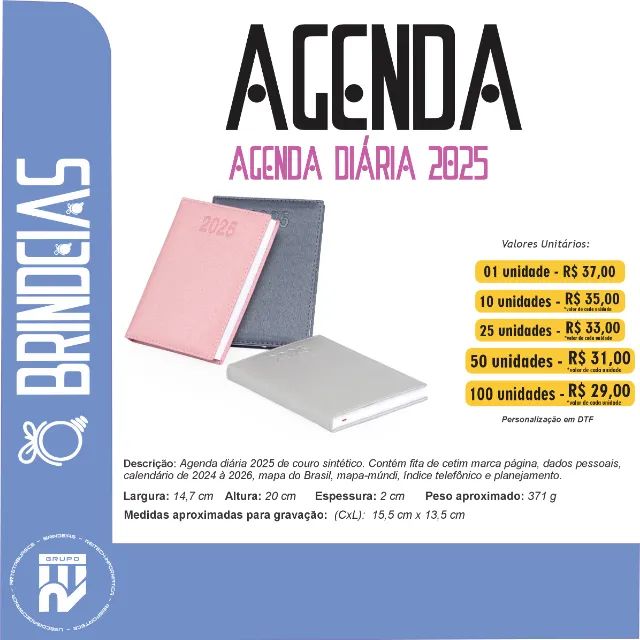Agenda diária 2025 de couro sintético Personalizada - Brindes Personalizados Brindeias