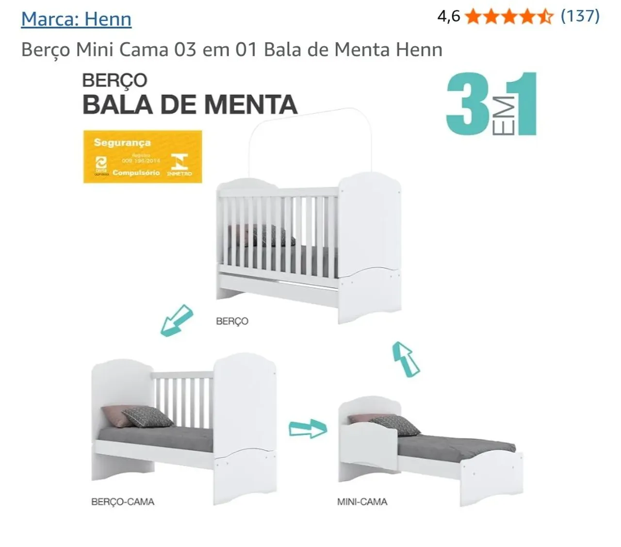 Berço Mini Cama 3 em 1 Bala de Menta Henn + colchão grao de gente
