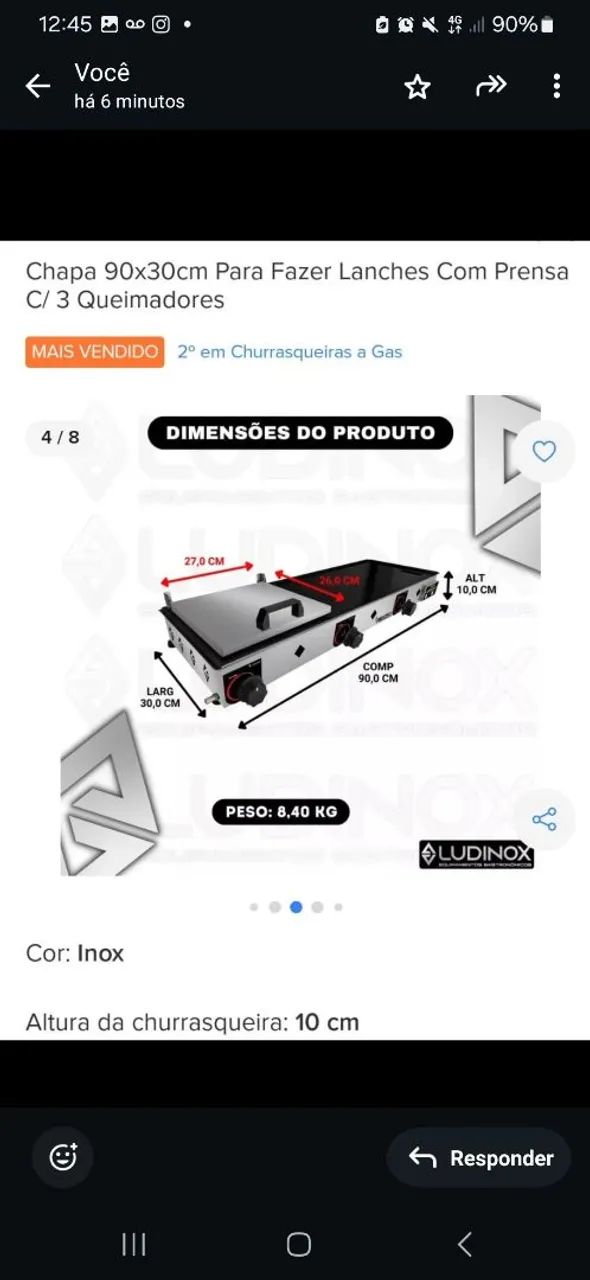 Chapa 90x30cm para fazer lanches com prensa e 3 queimadores