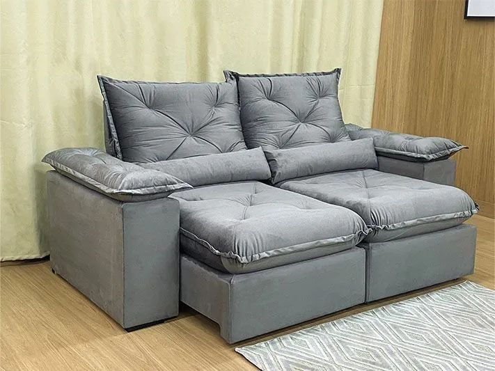 Sofá Retrátil 2 Lugares 180cm Molas Bonnel Veludo Cinza