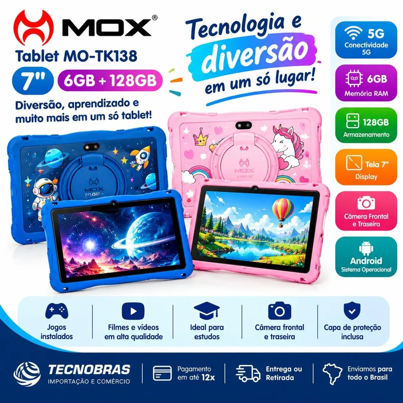 Tablet Infantil 6GB RAM 128GB Arm. Com capinha