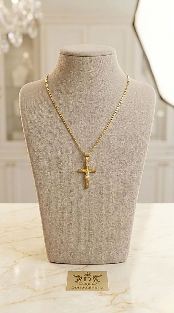 Conjunto Piastrine e Crucifixo em Ouro 18K 750 - Foto 3