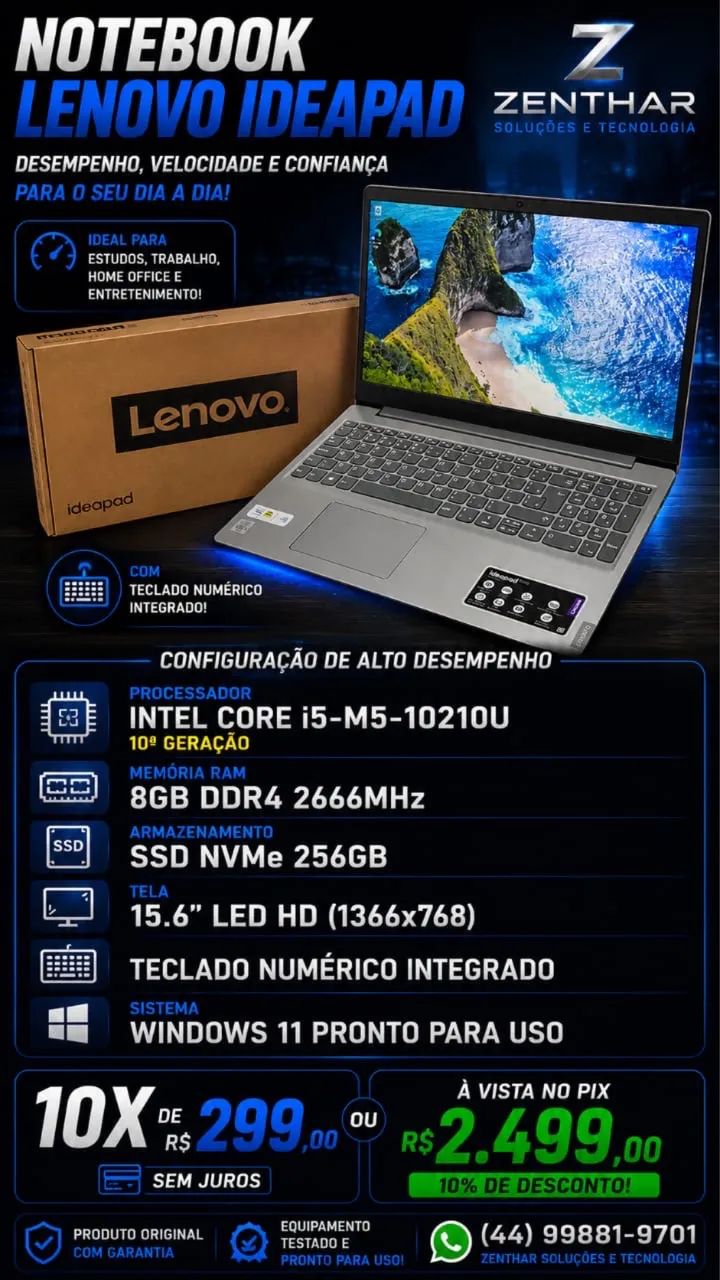 Lenovo IdeaPad | Intel Core i5 10ª Geração | 8GB RAM | SSD NVMe