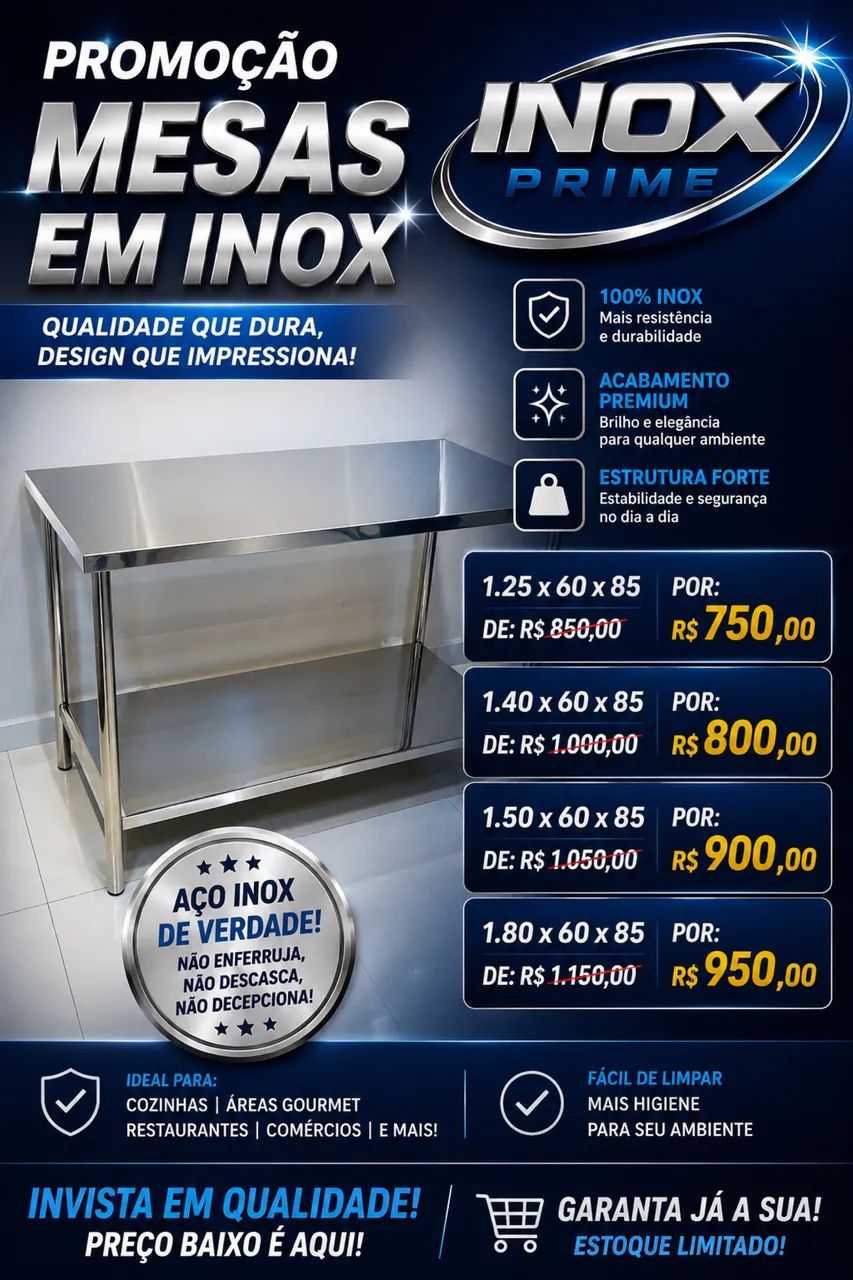Mesas em inox na promoção entrega grátis 