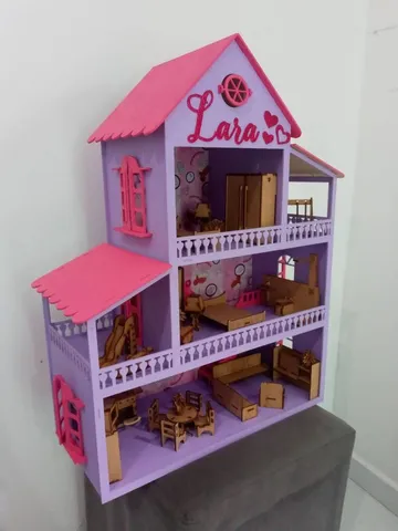 Casinha Casa de Boneca Barbie Polly Pintada 25 Móveis Madeira Mdf