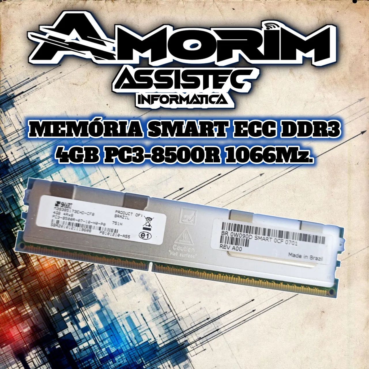 Memória Smart ECC DDR3 4GB PC3-8500R 1066Mz.