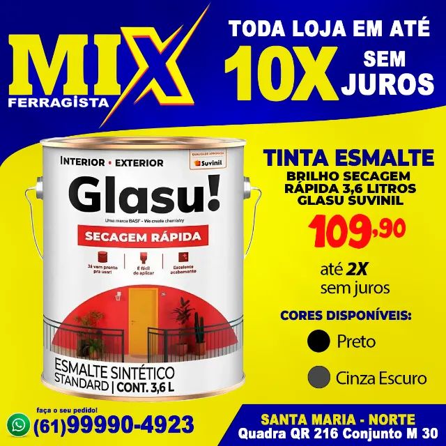 Tinta Esmalte Preta ou Cinza Escuro Brilho Secagem Rápida 3,6 Litros Glasu Suvinil