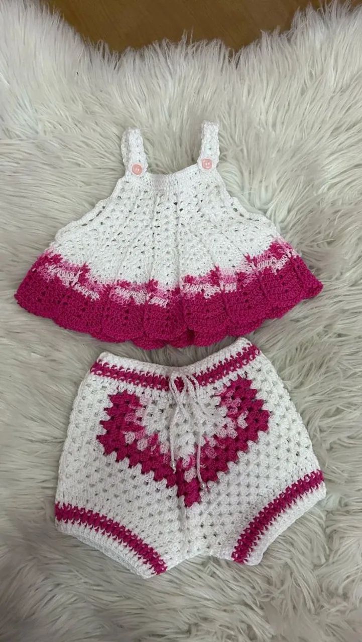 Conjunto de Crochê para Bebê - Rosa e Branco - Foto 2