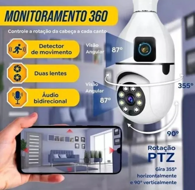 Câmera Lâmpada Lente Dupla Noturna FHD Wifi Giratória câmera 360 grau wifi