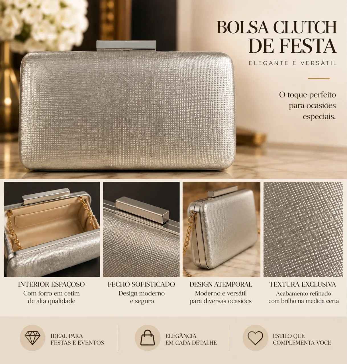 Bolsa para festa estilo clutche com leve textura e alça chic
