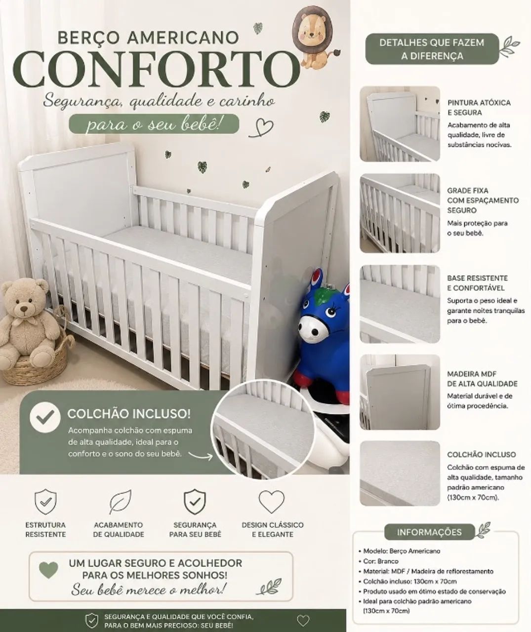 Berço Americano Completo com Colchão Incluso