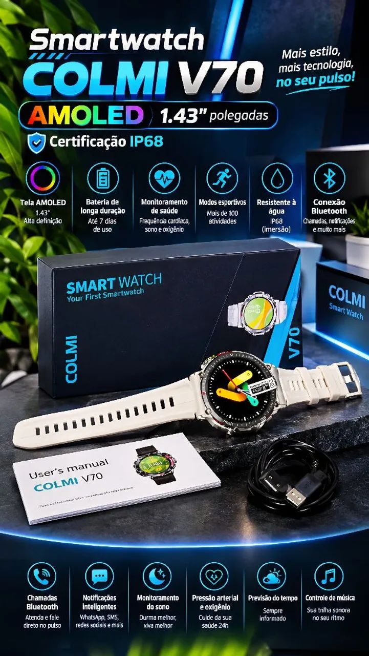 Smartwatch COLMI V70 AMOLED 1.43" polegadas certificação IP68