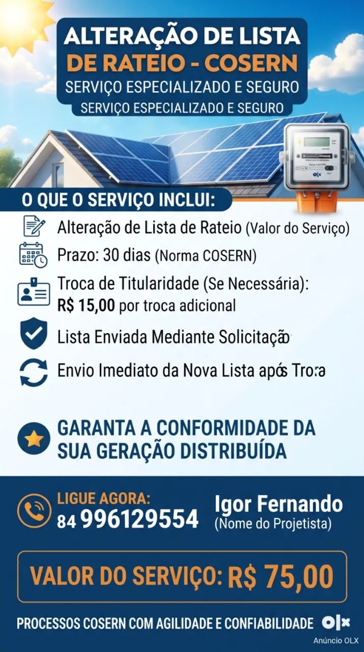 Alteração de Lista de Rateio - Usina solar