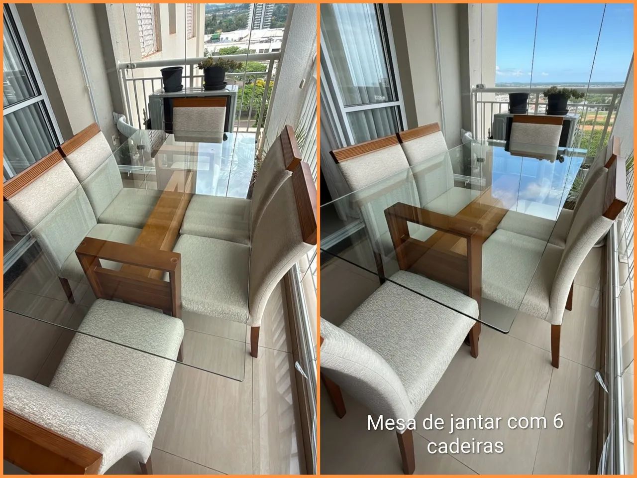 Mesa de madeira com tampo em vidro com 6 cadeiras.