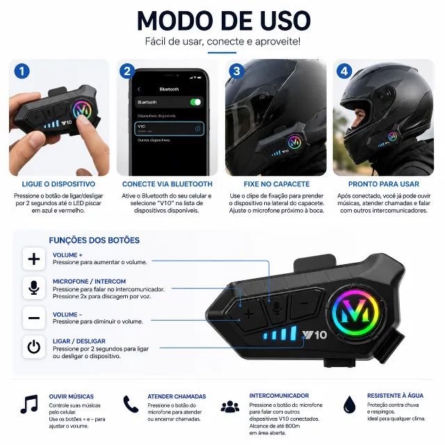 Fone de Ouvido Bluetooth para Capacete RGB com Microfone Headset Intercom V10 - Foto 3